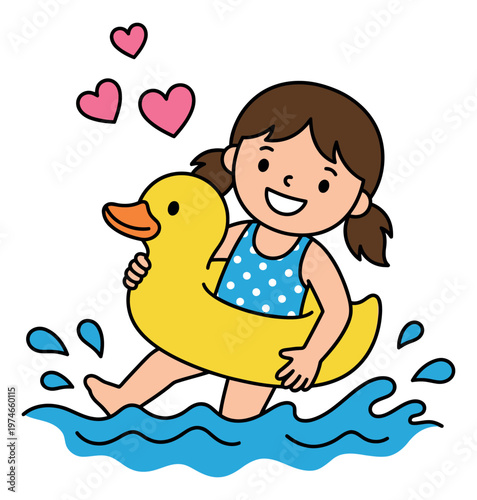 Cartoon illustration of a happy girl with rubber duck float depicting summer swimming fun for children and beach design