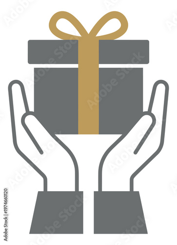 Flat illustration of two hands holding a wrapped gift box depicting giving and generosity for charity and celebration design