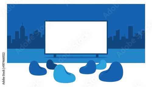 Flat illustration of outdoor cinema depicting rooftop movie screening with bean bag seating and city skyline for entertainment design