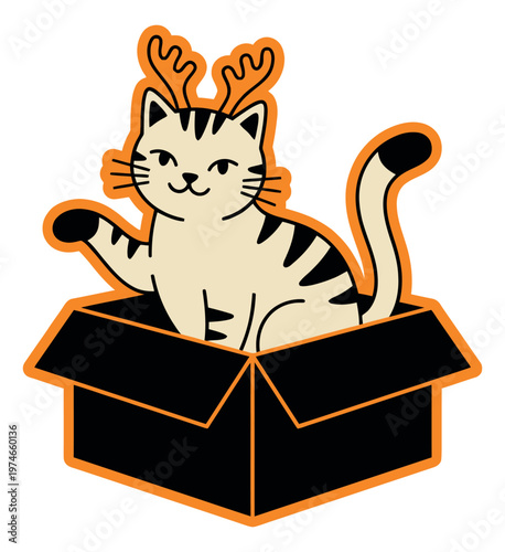 Cartoon illustration of a striped cat sitting in a cardboard box depicting a playful holiday pet wearing reindeer antlers for Christmas design