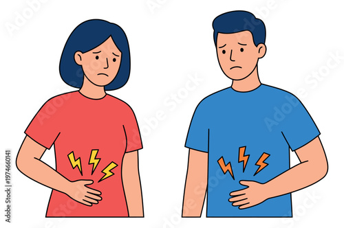 Cartoon illustration of man and woman depicting stomach pain and abdominal cramps for healthcare and medical design