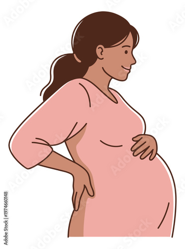 Cartoon illustration of a pregnant woman depicting side profile pose with hands on belly and back for maternity and healthcare design