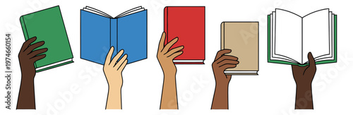 Flat illustration set of 5 diverse hands holding books depicting reading and education concepts for literary and school design