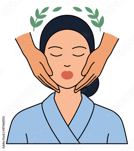 Flat illustration of woman receiving facial massage depicting relaxing spa treatment with botanical elements for beauty and wellness design