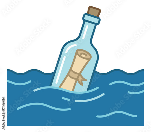Cartoon illustration of message in a bottle depicting a scroll floating on ocean waves for adventure and communication design