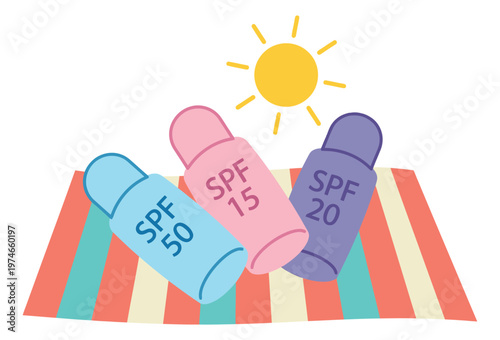 Cartoon illustration of three sunscreen bottles on a beach towel depicting SPF sun protection for summer and skincare design