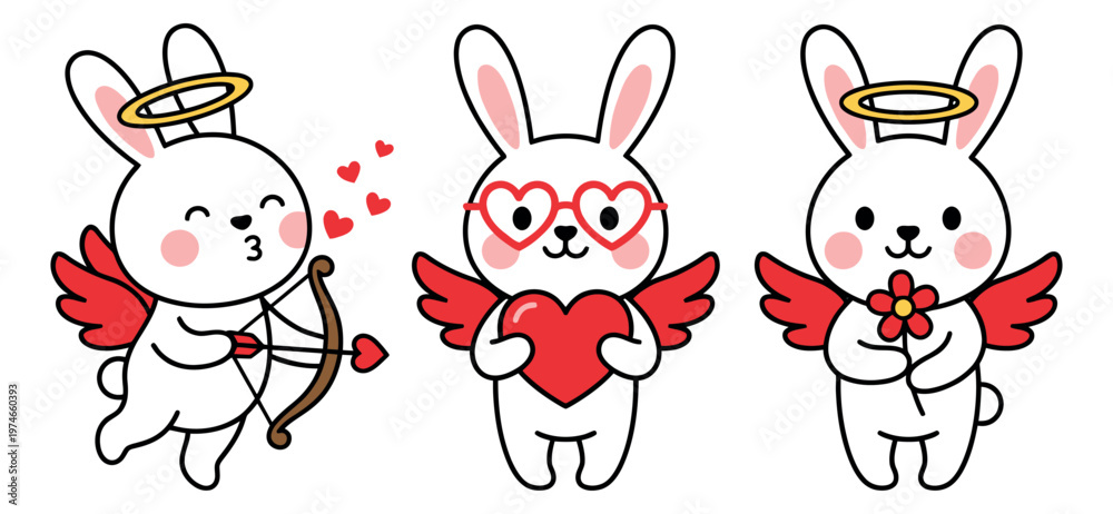 Fototapeta premium Cartoon icon set of 3 cute angel bunny characters featuring cupid bow, heart and flower poses for Valentine's Day design