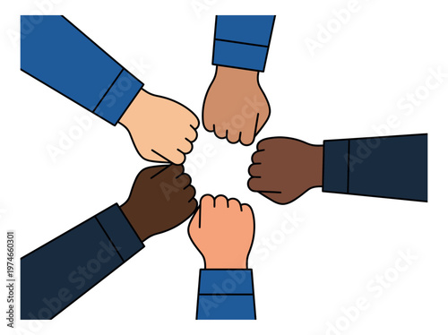 Flat illustration of diverse fists bumping together depicting unity and teamwork for business and social design