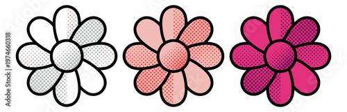 Cartoon icon set of 3 daisy flowers depicting halftone shading progression from outline to pink to magenta for decorative design