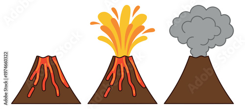 Cartoon icon set of 3 volcanoes featuring lava flow, eruption and ash cloud stages for geology and education design