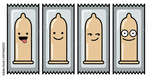 Cartoon icon set of 4 condom characters featuring cute facial expressions in packaging for sexual health design