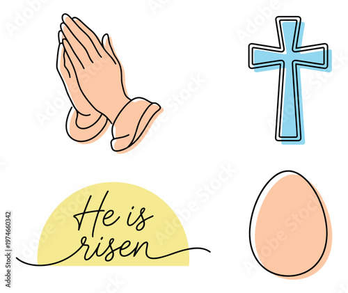 Line art icon set of 4 Easter religious symbols featuring praying hands, cross, egg and he is risen text for holiday design