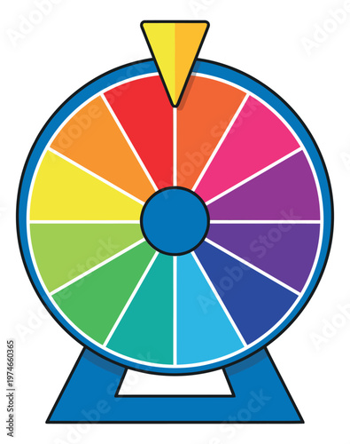 Flat illustration of a colorful prize wheel depicting a spinning fortune game for entertainment and casino design