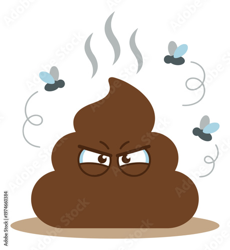 Cartoon illustration of angry poop emoji depicting steaming feces with buzzing flies for humor and sticker design