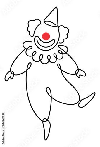 Line art illustration of a cheerful clown depicting a dancing jester figure for circus and entertainment design