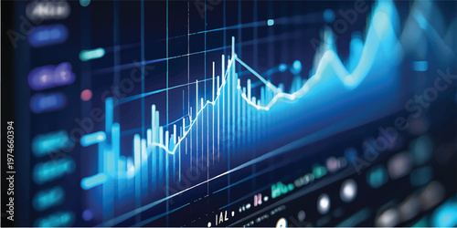 Abstract blue technology background featuring a stock market graph integrated with a medical heartbeat pulse line to represent growth and success in the global finance and health data industry