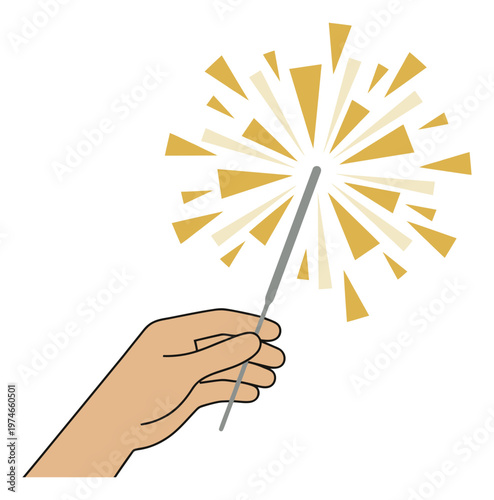 Flat illustration of a hand holding a sparkler depicting festive celebration for holiday and event design