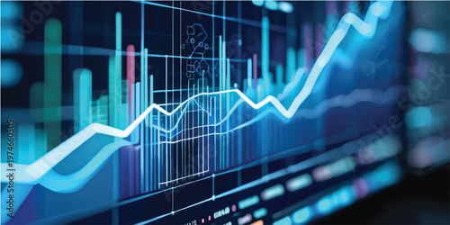 An abstract blue finance and medical monitor displays a stock market graph and data chart where the success arrow follows a pulse line wave resembling a heartbeat ekg for growth