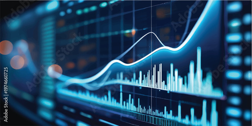 Abstract blue digital technology screen displaying a financial stock market graph and medical heartbeat pulse line chart for business data growth illustration