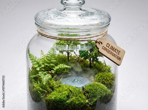 Miniature Ecosystem Terrarium with 'Climate Conservation' Tag, Symbolizing Environmental Stewardship and the Importance of Preserving Nature's Delicate Balance