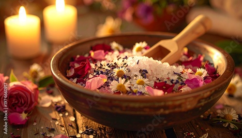 Self-Care Herbal Bath Tea with Rose Petals and Epsom Salt in Ceramic Bowl