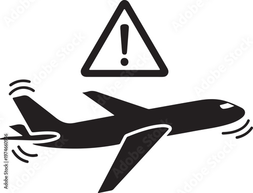 Airplane with warning sign icon, flight safety and aviation alert symbol