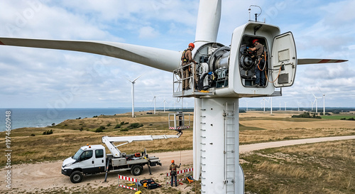Professional technicians performing maintenance on a large wind turbine at a green energy farm.