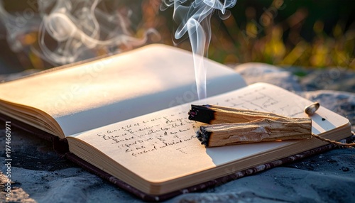 Wellness Breathwork Setup with Guided Journal and Palo Santo Smoke at Dawn