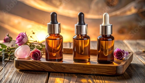 Wellness Aromatherapy Roller Bottles with Gemstone Rollers on Wooden Tray