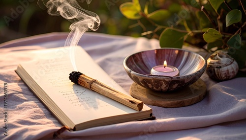 Wellness Breathwork Setup with Guided Journal and Palo Santo Smoke at Dawn