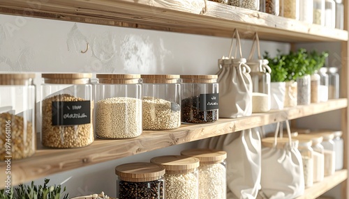 Zero-Waste Pantry with Glass Canisters and Cloth Produce Bags on Open Shelving