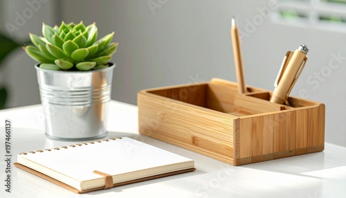 Zero-Waste Home Office Desk with Bamboo Organizer and Upcycled Paper Notebook
