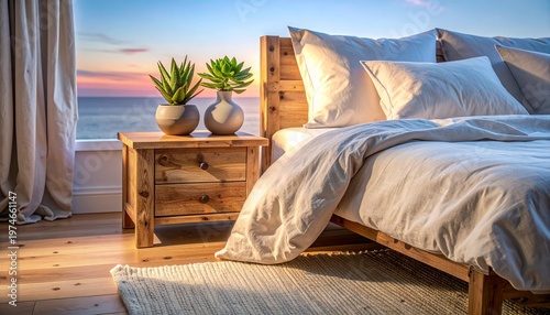 Eco-Friendly Bedroom with Linen Bedding and Reclaimed Wood Nightstand at Dawn