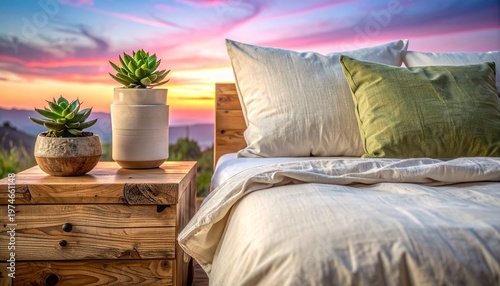 Eco-Friendly Bedroom with Linen Bedding and Reclaimed Wood Nightstand at Dawn