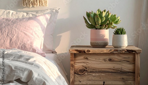 Eco-Friendly Bedroom with Linen Bedding and Reclaimed Wood Nightstand at Dawn