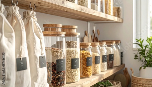 Zero-Waste Pantry with Glass Canisters and Cloth Produce Bags on Open Shelving