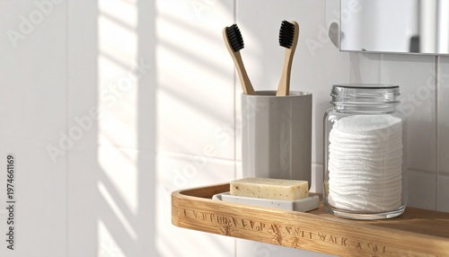 Zero-Waste Bathroom with Bamboo Shelf and Reusable Cotton Pads at Soft Light