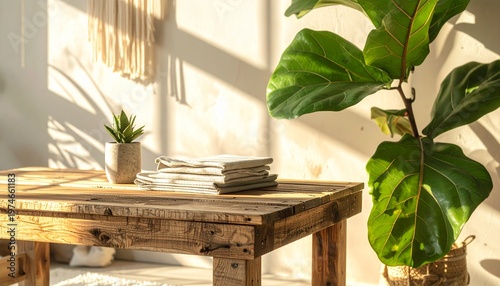 Eco-Friendly Living Room with Upcycled Coffee Table and Potted Plants at Daytime