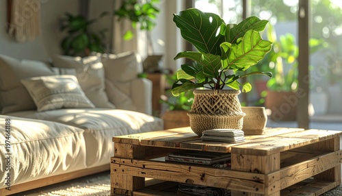 Eco-Friendly Living Room with Upcycled Coffee Table and Potted Plants at Daytime