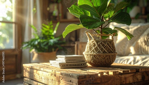 Eco-Friendly Living Room with Upcycled Coffee Table and Potted Plants at Daytime