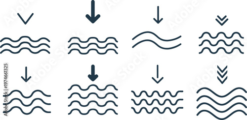 Set of wavy lines icons with upward and downward arrows indicating movement
