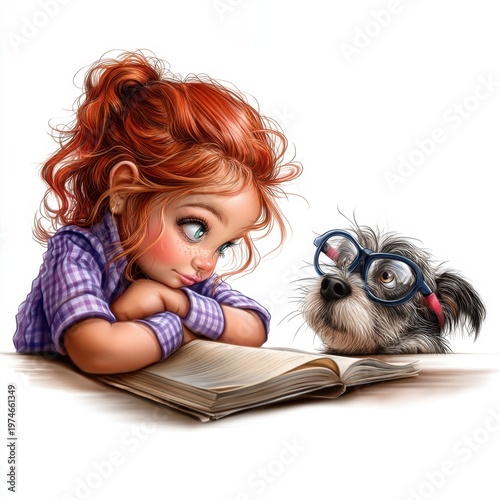 A cute cartoon illustration of a girl reading a book with her dog