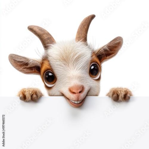 A cute cartoon goat peeks out from behind a white background, space for text
