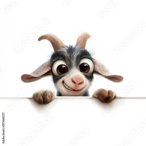 A cute cartoon goat peeks out from behind a white background, space for text