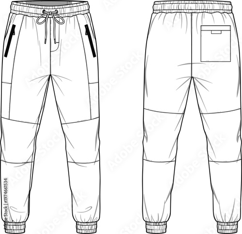 Men jogger pants technical sketch template featuring front and back views with cargo pockets and elastic waistband for fashion design apparel manufacturing development.