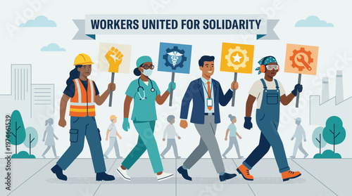 This flat design illustration depicts a diverse group of workers marching in solidarity for International Worker Day, symbolizing unity and collective action. 