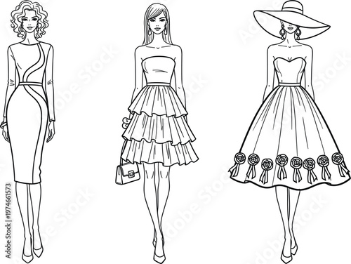 Set of Three Elegant Women Fashion Illustration Sketches Featuring Cocktail Dresses Ruffled Skirts and Wide Brim Hat for Apparel Design and Garment Styling Vector Drawing