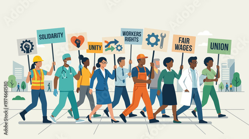 This flat design illustration depicts a diverse group of workers marching in solidarity for International Worker Day, symbolizing unity and collective action. 