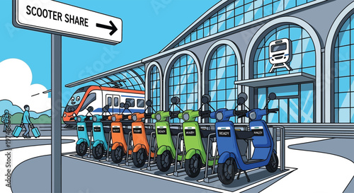 Electric Scooter Share Station Outside Train Station.