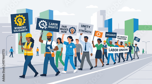 This flat design illustration depicts a diverse group of workers marching in solidarity for International Worker Day, symbolizing unity and collective action. 